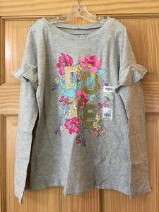 NWT Oshkosh Love Floral Tee Shirt Top Girls Long Sleeve Gray 12,14 - Picture 1 of 1