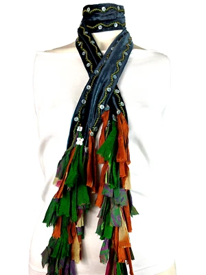 Chan Luu 2 Way Choker Shreds Scarf Boho Long Velvet Blue Green Orange Purple - Image 1 of 2