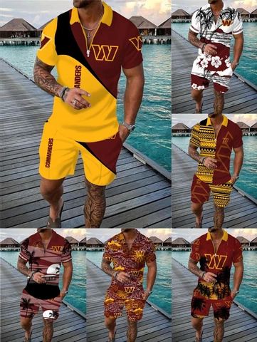 Washington Commanders 2 Pieces Outfits Casual Zip Collared Shirt Beach Shorts Cover