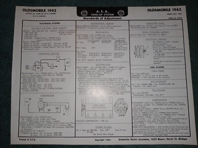 Oldsmobile 88 98 Starfire 1962 V-8 A.E.A. TABLA DE PUESTA A PUNTO / INFORMACIÓN ÚTIL Foto 1 de 2