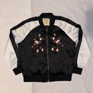 Ci Sono Original Black Satin Jacket Cherry Blossom Floral Embroidery - L - Picture 1 of 5