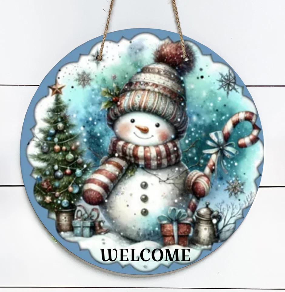 Snowman Welcome 10" Metal Round Door Sign - Image 1 of 1