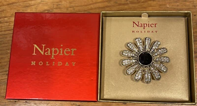 Napier Holiday Brooch Pin Gold Tone W/ Rhinestones & Faceted Black Center Stone - Image 1 of 4