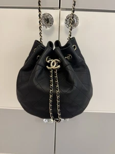 CHANEL CC Drawstring Closure Bucket Bag Black Leather - Picture 1 of 24