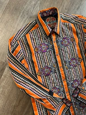 Robert Graham Limited Edition EUC orange purple plaid flip cuff shirt Large - Image 1 of 4