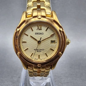 Seiko Uhr Damen 26mm Champagner Zifferblatt goldfarben Datum rund 7n82-0599 neue Batterie - Bild 1 von 11