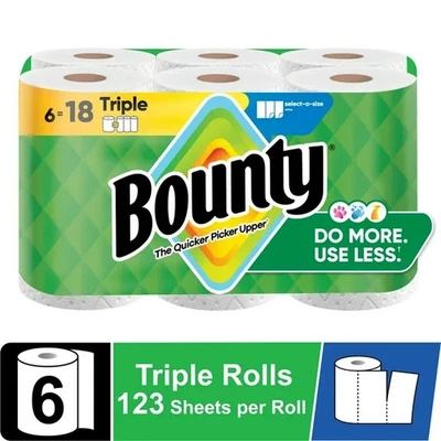 Bounty Paper Towels Select-A-Size White, 6 Triple Rolls, 123 Sheets Per Roll