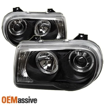 适用于 05-10 克莱斯勒 300C JDM 黑色双光环投影仪 LED 车头灯一对 — 第 1/3 张图片