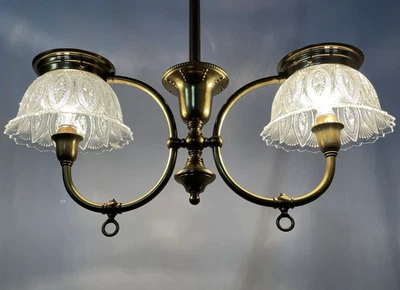 RESTORED Antique Conv. Gas Chandelier Gasolier Victorian Arts Crafts Deco 2-Arm - Image 1 of 4