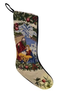 Vintage Needlepoint Christmas Stocking Green Velvet Back 19” Nativity Jesus Mary - Picture 1 of 7