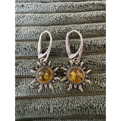 Sterling Silver 925 Amber Sunburst Dangle Leverback Earrings Women Jewelry - Image 1 of 4