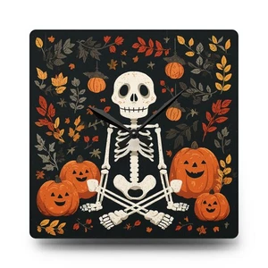 Halloween Skeleton Wall Clock Acrylic Round or Square Décor High-End Durable - Picture 1 of 9