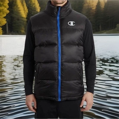 Chaleco Champion Hombre Talla Grande Puffer Negro Invierno Aislado Cremallera Completa Foto 1 de 4