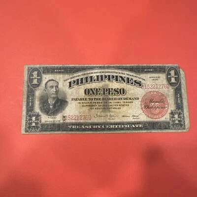 Philippines Red Seal Manila note, P-81, 1 Peso, 1936, D15221276D - Image 1 of 4