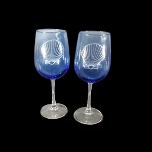 Long Stem Blue Glass Etched Shell Wine Glasses Set of 2 - Picture 1 of 8