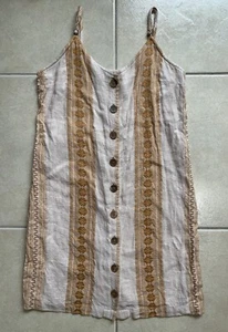 Rip Curl Alma Front Button V-Neck Stripe Mini Embroidered Dress Beige/Gold Sz M - Picture 1 of 15