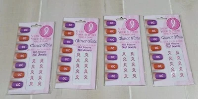 Conjunto de 4 joyas de arte en uñas cinta rosa conciencia del cáncer de mama brillo glamoroso Foto 1 de 2
