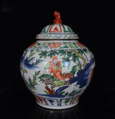 Tarro con tapa de patrones de historia de personajes coloridos de dinastía Yuan china antigua de 15,6"" Foto 1 de 4