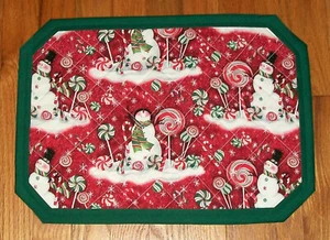 4Pc HM Reversible Quilted Place Mat Set Snowmen & Lollypops 13x18 Insulated - Picture 1 of 2