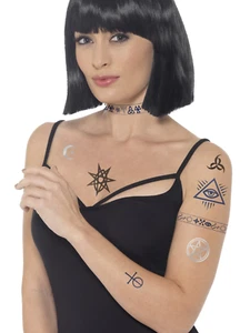 Okkult Tattoo Aufkleber Blau Schwarz Halloween Hexe Falsche Kostüm Neu - Picture 1 of 1