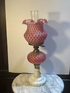 FENTON L.G. WRIGHTE CRANBERRY SATIN GLASS COIN DOT Honeycomb LAMP GWTW - Picture 1 of 10