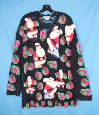Suéter vintage Berek preto malha aberta feriado/natal Papai Noel e presentes M/G - Imagem 1 de 4