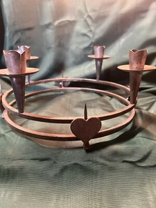 Candle Candelabra Metal Heart Circle Vintage Folk Art Horseshoe Nails - Picture 1 of 24