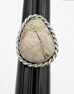 Navajo Raquel & Leonard Hurley 925 Silver White Buffalo Stone Ring Size 8.50 - Picture 1 of 6