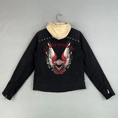 Harley Davidson Jacket Womens Small Black Lined Hoodie Zip In Edgy Riding Moto - Image 1 of 4