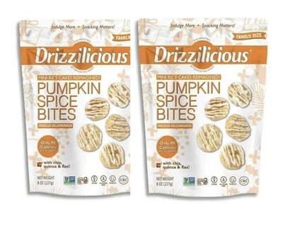 DRIZZILICIOUS Lot Of 2 Pumpkin Spice Rice Cake Bites 8OZ Gluten Free Vegan Snack 90 Calories