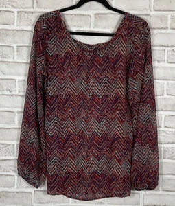 Maurices Top Mujer Talla M Rojo Azul Chevron Pullover Transparente Mangas Largas Globo - Imagen 1 de 7