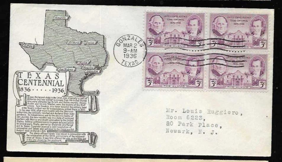 1936 TEXAS CENTENNIAL #776 GONZALES MAP BLACK ANDERSON CACHET STAMP BLOCK FDC - Image 1 of 1