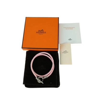 Pulsera HERMES Grennan de cuero rosa para mujer doble recorrido trenzado plata Hardwa Foto 1 de 4