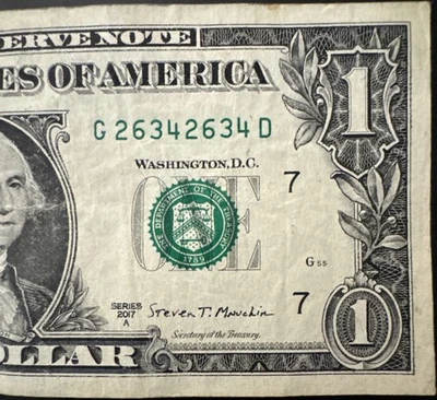 Billete de $1 dólar elegante número de serie repetidor binario 2634 2634 Chicago Illinois Foto 1 de 4