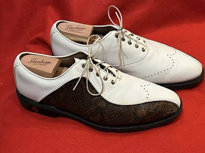 Zapatos de golf FOOTJOY ICON de cuero para hombre: blanco/marrón oscuro serpiente (52292) talla 11 Foto 1 de 4
