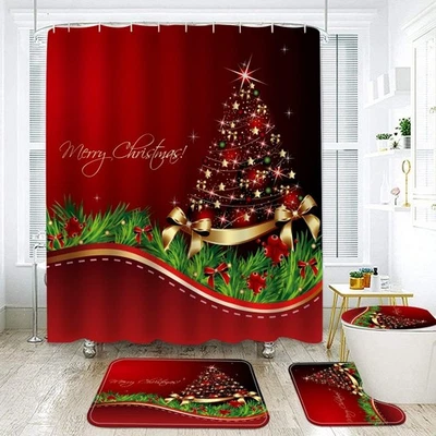 4x Merry Christmas Bathroom Set Christmas Tree Pattern Shower Curtain Home Decor - Image 1 of 4