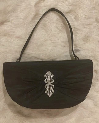 Винтажный классический черный муар тафта официальный Дамская сумка кристалл и серебро металлическая отделка - Изображение 1 из 4