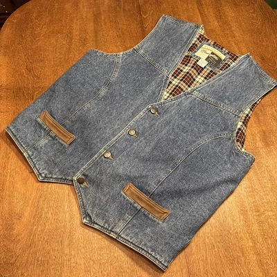 Antigo Wrangler denim couro xadrez cobertor colete trabalho ocidental desgaste L 44 - Imagem 1 de 4