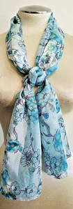 Vintage Scarf Blue Flowers over Satin Sheer Stripe Jacquard 60x14" Romantic - Picture 1 of 9