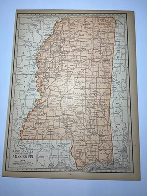1925 "Copper" MISSISSIPPI State Map fm 1925 Rand-McNally Atlas SEE DESCRIP - Image 1 of 3
