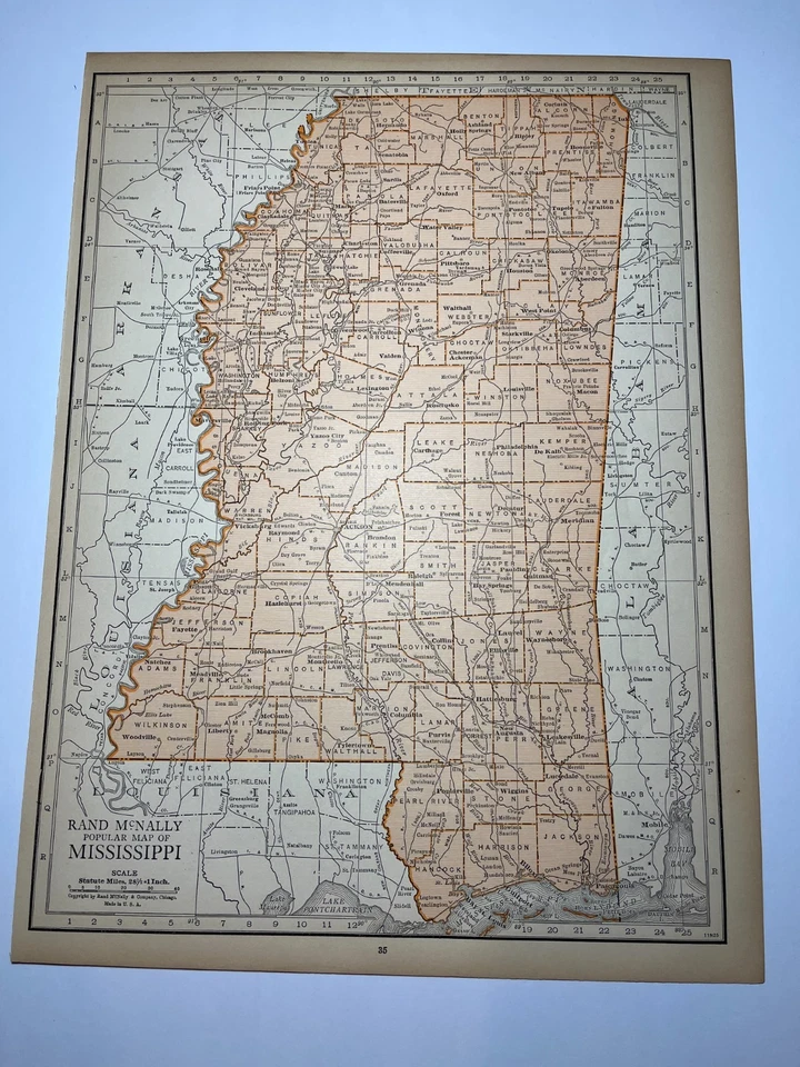 Mapa estatal de Mississippi 1925 "Cobre" fm 1925 Rand-McNally Atlas VER DESCRIPCIÓN Foto 1 de 3