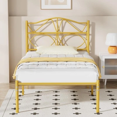 Каркас кровати размера Twin, золотистая металлическая кровать-платформа с изголовьем, прочная сталь Sla... - Изображение 1 из 4