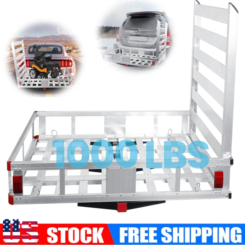 Hitch Mount Cargo Basket 1000lb Cargo Carrier W/ Ramp Wheelchair Carrier Rack - Image 1 of 1