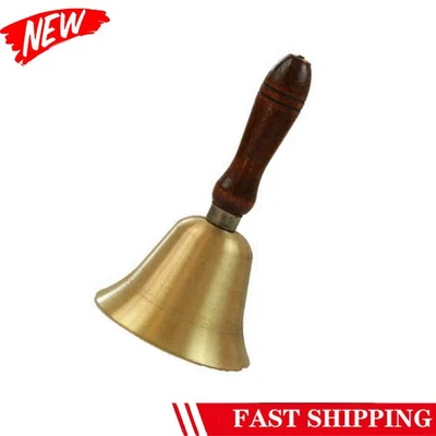 Solid Brass Bell Wooden Handle School Dinner Hand Bell 16cm Reception Bell - Image 1 of 4