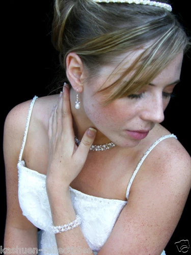 2 Strisce Realizzato Con Cristallo Swarovski Bianco Crema Perla Argento Collana - Immagine 1 di 1