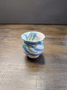 Whitefish Pottery Vase/Planter Miniature 2 1/4"H X 2 1/8"W Green/Blue Swirl - Picture 1 of 6