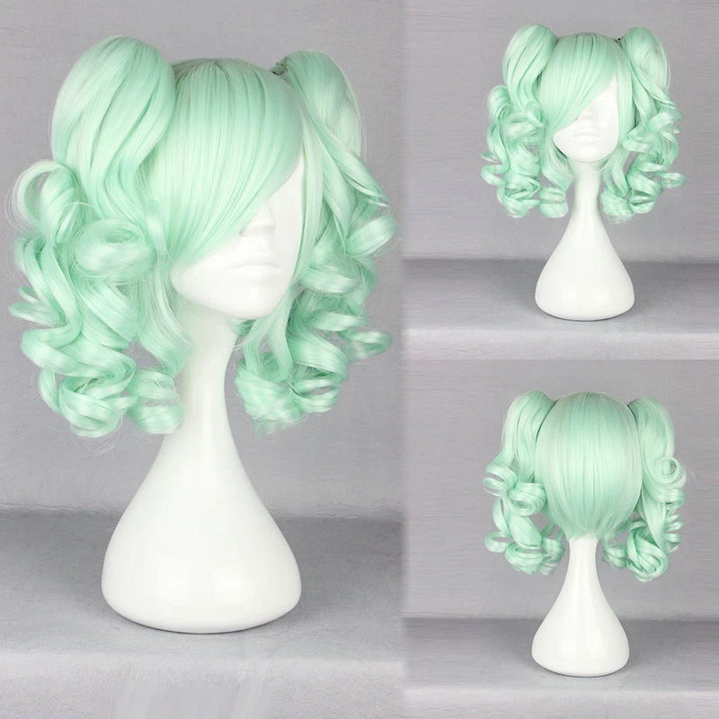 Peluca de pelo de anime cosplay cola de caballo mediana rizada verde hielo para mujer Foto 1 de 4