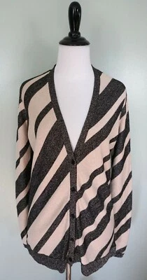 Cárdigan Suéter ANNE KLEIN Tostado Negro Plateado Metálico Estampado Animal Gato Talla M Foto 1 de 4