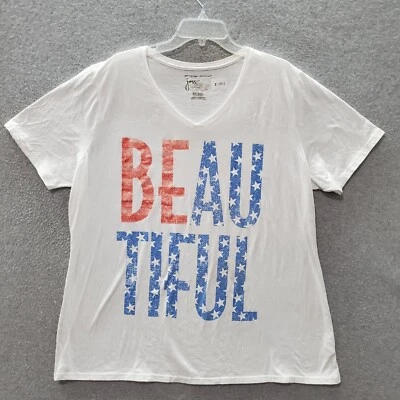 JMS Women Top 3x White T-Shirt Beautiful American Flag Short Sleeve V Neck READ - Image 1 of 4
