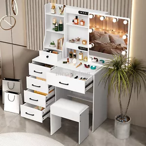 5 Drawers Makeup Vanity Desk & 10 LED Lighted Mirror Dressing table with Shelves - Picture 1 of 10
